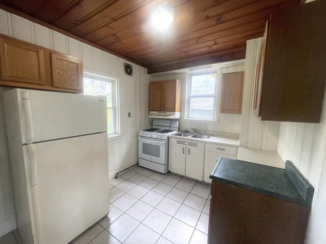 1307 High St, Logansport, IN 46947 - kitchen featuring white appliances, a sink, wood ceiling, light tile patterned floors, and healthy amount of natural light