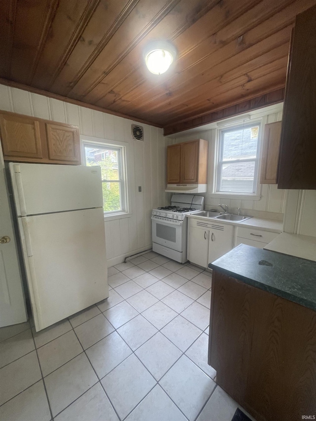 1307 High St, Logansport, IN 46947 - kitchen with white appliances, wood ceiling, a sink, light tile patterned floors, and plenty of natural light
