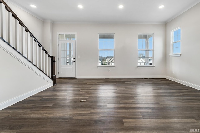 105 Parkerwood Ln, West Lafayette, IN 47906 - foyer entrance with recessed lighting, crown molding, stairs, baseboards, and dark wood-style flooring