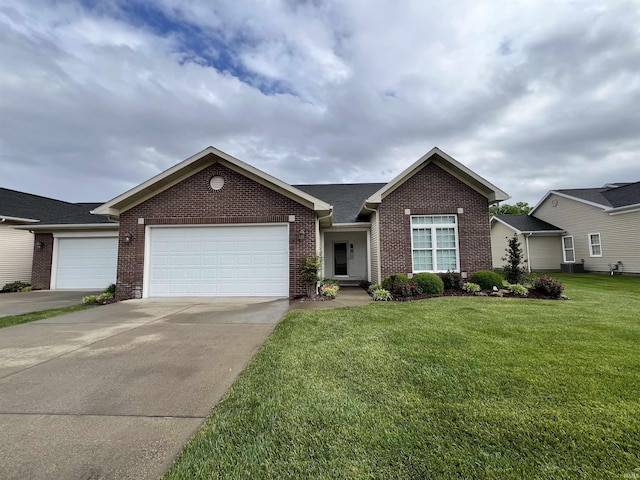 1155 N Fox Ridge Links Dr, Vincennes, IN 47591 - ranch-style house with concrete driveway, brick siding, an attached garage, and a front lawn