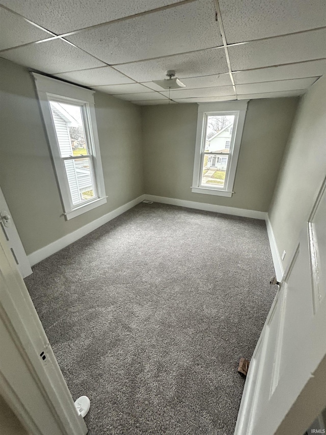 spare room featuring a drop ceiling, carpet flooring, baseboards, and healthy amount of natural light
