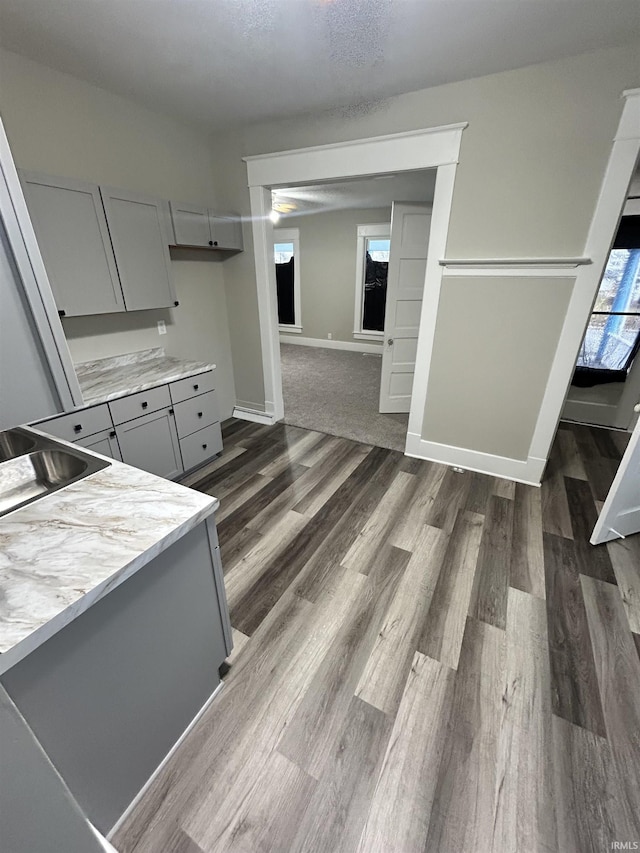 kitchen featuring gray cabinetry, dark wood-type flooring, a sink, and baseboards