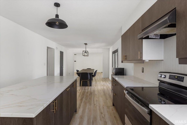 214 Mccutcheon Dr, Lafayette, IN 47909 - kitchen with stainless steel range with electric stovetop, under cabinet range hood, light wood-type flooring, dark brown cabinetry, and a center island