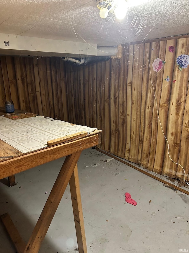 unfinished below grade area with wooden walls