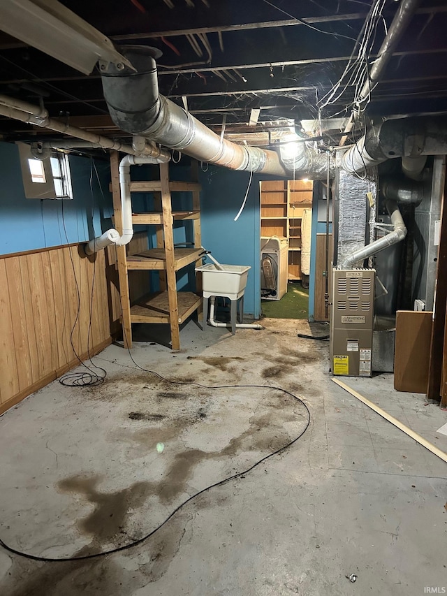 basement featuring wooden walls and a sink
