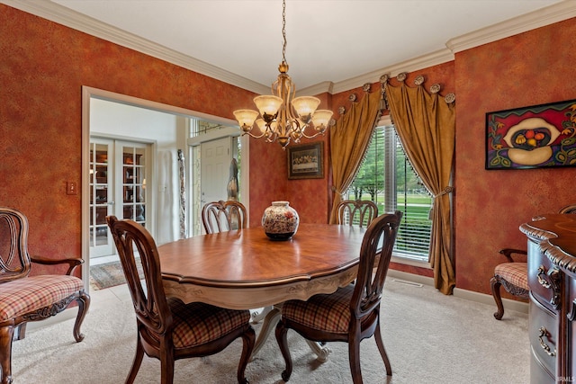23306 Bluff Crest Dr, Elkhart, IN 46516 - dining space with light carpet, a chandelier, ornamental molding, and baseboards