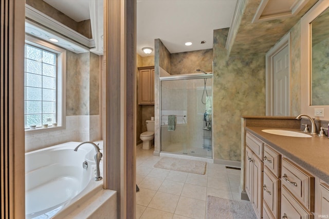 23306 Bluff Crest Dr, Elkhart, IN 46516 - bathroom with a shower stall, tile patterned floors, toilet, vanity, and a bath