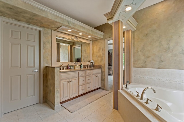 23306 Bluff Crest Dr, Elkhart, IN 46516 - bathroom with a bath, tile patterned floors, double vanity, and ornamental molding