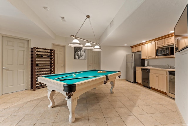 23306 Bluff Crest Dr, Elkhart, IN 46516 - playroom featuring light tile patterned floors, recessed lighting, pool table, a sink, and baseboards