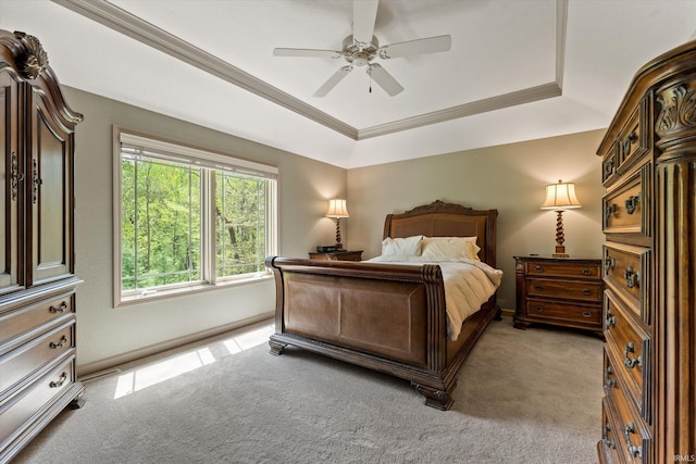 23306 Bluff Crest Dr, Elkhart, IN 46516 - bedroom featuring a raised ceiling, light colored carpet, ceiling fan, and ornamental molding