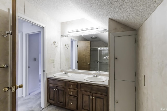 3400 W Riggin Rd Unit 6, Muncie, IN 47304 - bathroom featuring vaulted ceiling, a textured ceiling, double vanity, and an enclosed shower