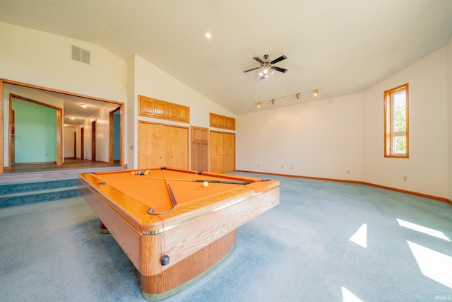 109 E Grant St, Lafontaine, IN 46940 - playroom with carpet floors, vaulted ceiling, baseboards, pool table, and a ceiling fan