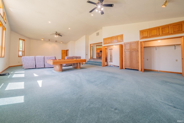109 E Grant St, Lafontaine, IN 46940 - rec room with ceiling fan, vaulted ceiling, light colored carpet, baseboards, and billiards