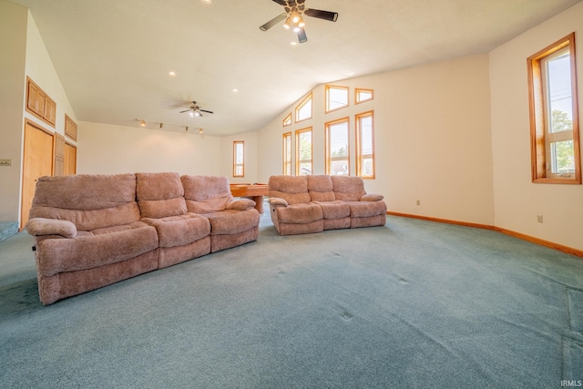 109 E Grant St, Lafontaine, IN 46940 - living area with a ceiling fan, carpet flooring, lofted ceiling, and baseboards