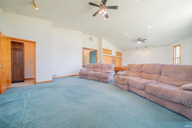 109 E Grant St, Lafontaine, IN 46940 - living room featuring a ceiling fan, lofted ceiling, carpet flooring, and baseboards