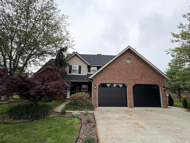 1643 W 1st St, Jasper, IN 47546 - view of front of house with an attached garage, driveway, brick siding, and a shingled roof