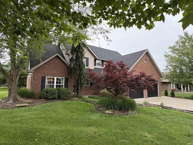 1643 W 1st St, Jasper, IN 47546 - traditional home featuring brick siding, driveway, roof with shingles, and a front lawn