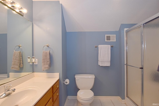 8122 Covington Ct, Newburgh, IN 47630 - full bathroom featuring toilet, lofted ceiling, baseboards, a shower stall, and tile patterned flooring