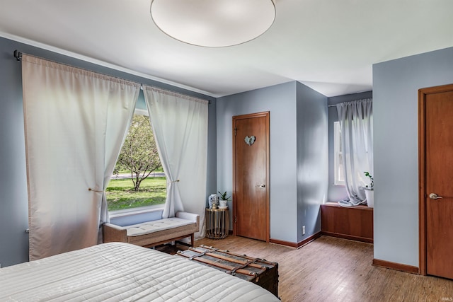 bedroom with multiple windows, wood finished floors, and baseboards