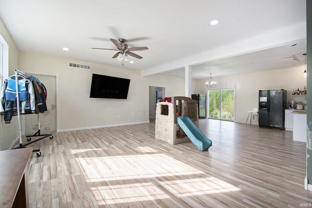 5025 N Elder Rd, Larwill, IN 46764 - recreation room with a chandelier, ceiling fan, light wood finished floors, baseboards, and recessed lighting