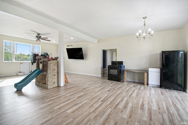 5025 N Elder Rd, Larwill, IN 46764 - living room with light wood-style flooring, baseboards, recessed lighting, ceiling fan, and a chandelier