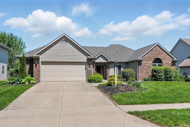 ranch-style house with brick siding, an attached garage, concrete driveway, and a front lawn