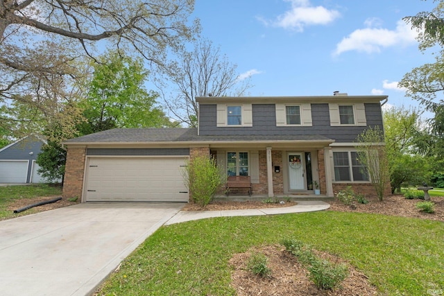 view of front of home with brick siding, an attached garage, driveway, and a front lawn