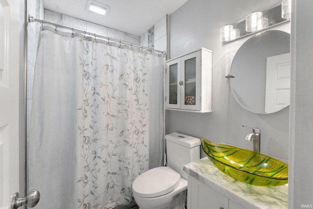 bathroom featuring vanity, toilet, and a shower with curtain