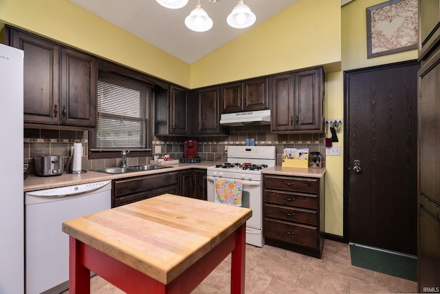 20 Gregory Ct, Lafayette, IN 47905 - kitchen featuring white appliances, a sink, under cabinet range hood, decorative backsplash, and lofted ceiling