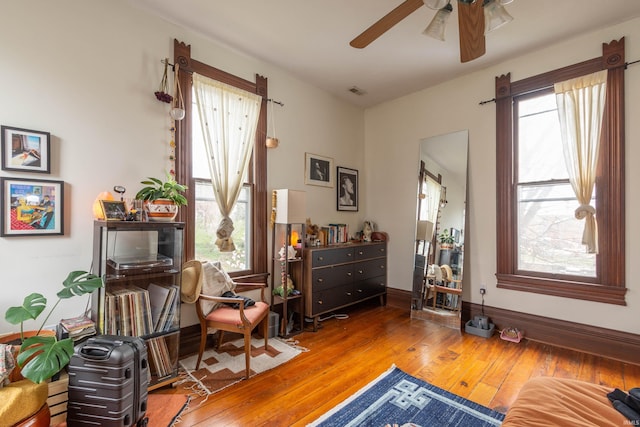 708 W 7th St, Bloomington, IN 47404 - sitting room featuring ceiling fan, hardwood / wood-style floors, and baseboards
