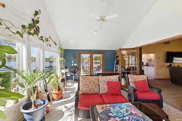 sunroom with french doors and lofted ceiling