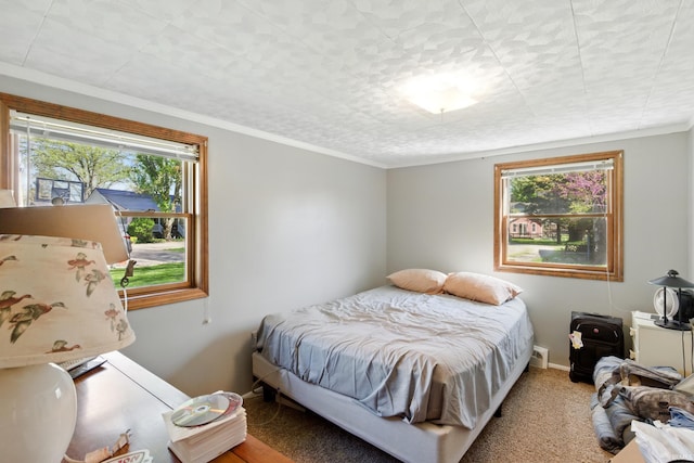 bedroom featuring multiple windows, carpet flooring, crown molding, and baseboards