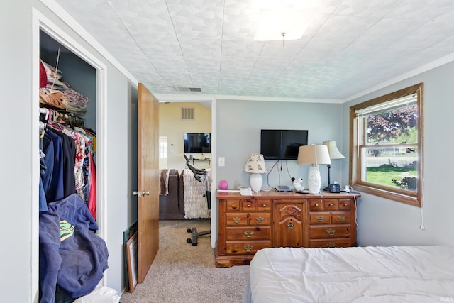 bedroom with carpet, ornamental molding, and a closet