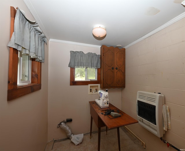 washroom featuring heating unit, ornamental molding, washer hookup, and light tile patterned flooring