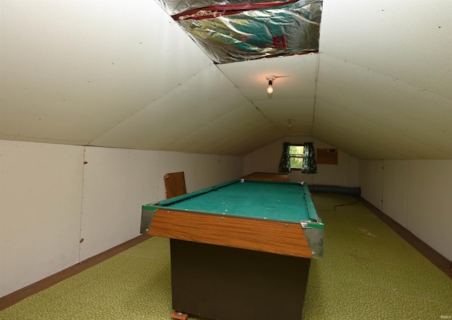 rec room with vaulted ceiling, pool table, and carpet flooring