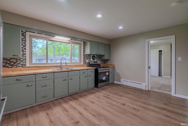 546 W Harrison, Wabash, IN 46992 - kitchen featuring a sink, electric range, a baseboard heating unit, gray cabinetry, and recessed lighting