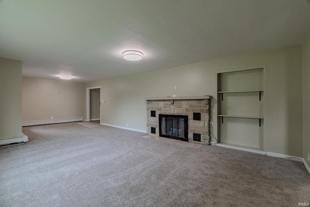 546 W Harrison, Wabash, IN 46992 - unfurnished living room with a baseboard heating unit, carpet floors, a stone fireplace, and baseboards