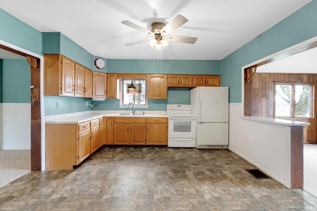 3648 E 300 S, Albion, IN 46701 - kitchen with white appliances, a sink, light countertops, and a ceiling fan