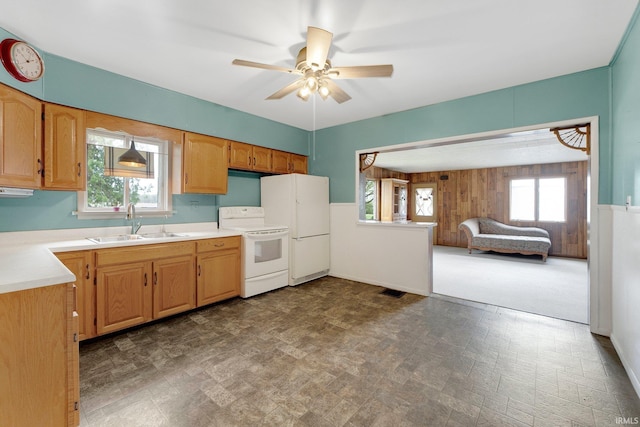 3648 E 300 S, Albion, IN 46701 - kitchen with white appliances, a sink, light countertops, a ceiling fan, and open floor plan