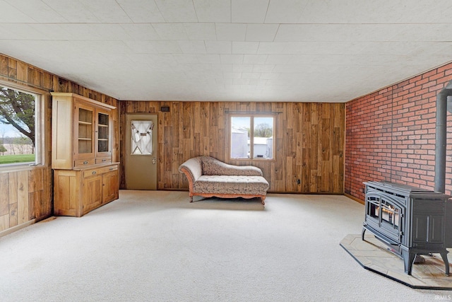 3648 E 300 S, Albion, IN 46701 - sitting room featuring a wood stove, wood walls, light carpet, and baseboards
