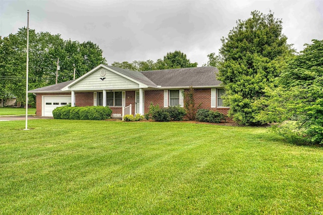 844 Old Plank Rd, Chandler, IN 47610 - ranch-style home with an attached garage, covered porch, a front yard, and brick siding