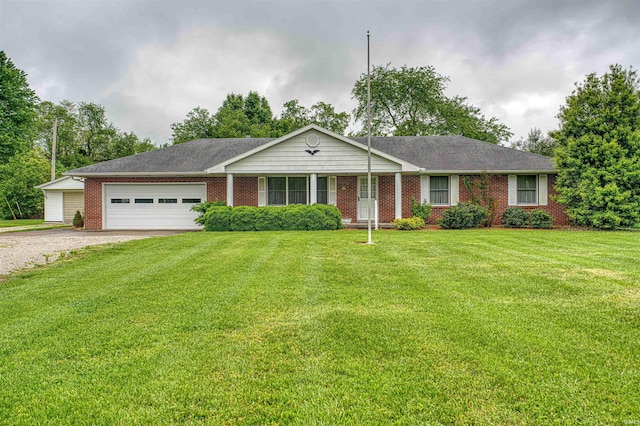 844 Old Plank Rd, Chandler, IN 47610 - ranch-style house with driveway, a garage, brick siding, and a front yard