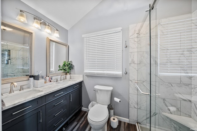 10140 Jefferson Rd, Osceola, IN 46561 - full bath with lofted ceiling, a marble finish shower, toilet, double vanity, and wood finished floors