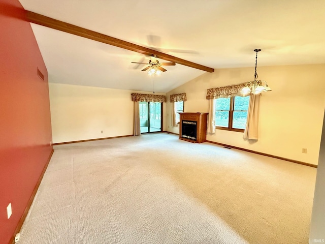 unfurnished living room with baseboards, light carpet, a fireplace, and ceiling fan