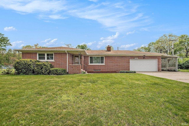 56226 Tanglewood Ln, Osceola, IN 46561 - ranch-style house with concrete driveway, a garage, brick siding, and a front lawn