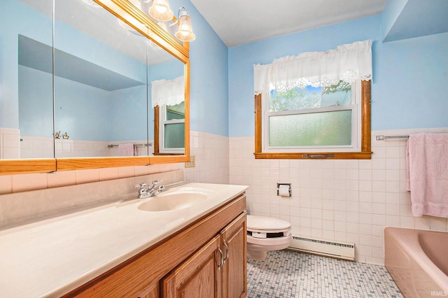 56226 Tanglewood Ln, Osceola, IN 46561 - bathroom featuring a baseboard radiator, tile walls, toilet, tile patterned floors, and a bath