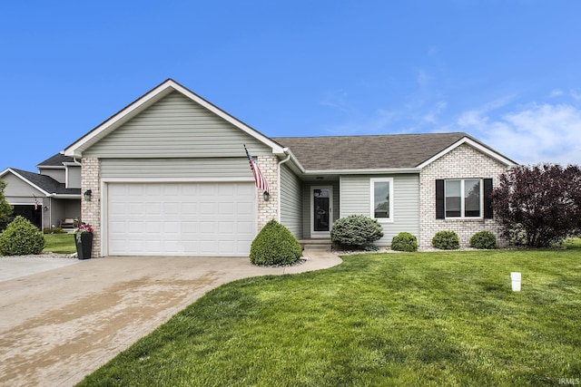 ranch-style house featuring driveway, an attached garage, a front yard, roof with shingles, and brick siding