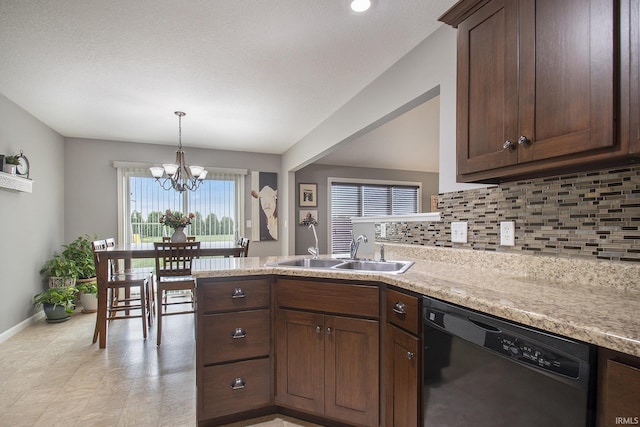 kitchen with dishwasher, a sink, tasteful backsplash, a chandelier, and a peninsula