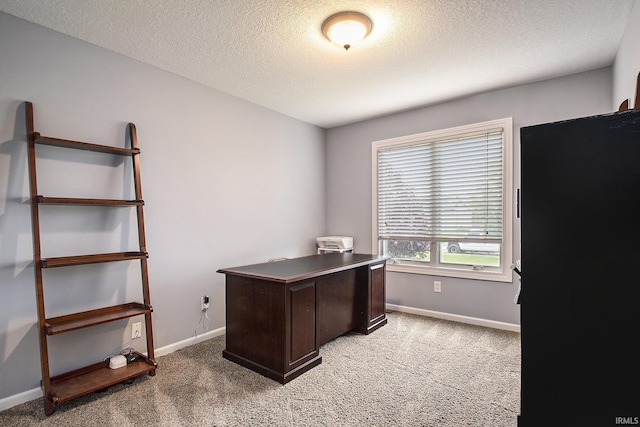 office featuring a textured ceiling, baseboards, and light carpet