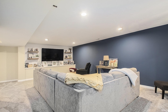living room with light carpet, recessed lighting, and baseboards